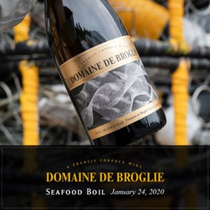 A bottle of Domaine de Broglie wine with the caption, "Seafood Boil January 24, 2020"