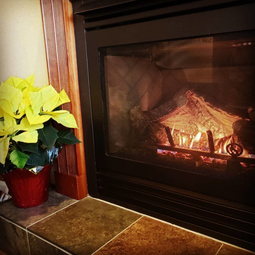The fireplace at the Chehalem Ridge B&B with a white poinsettia beside it