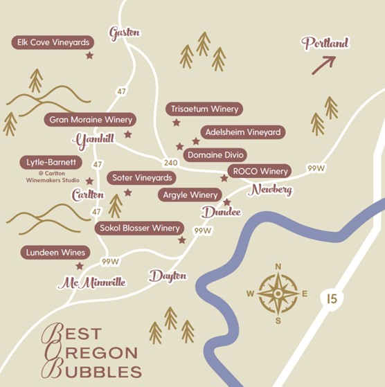 map of wineries participating in Best of Oregon Bubbles in February 2024