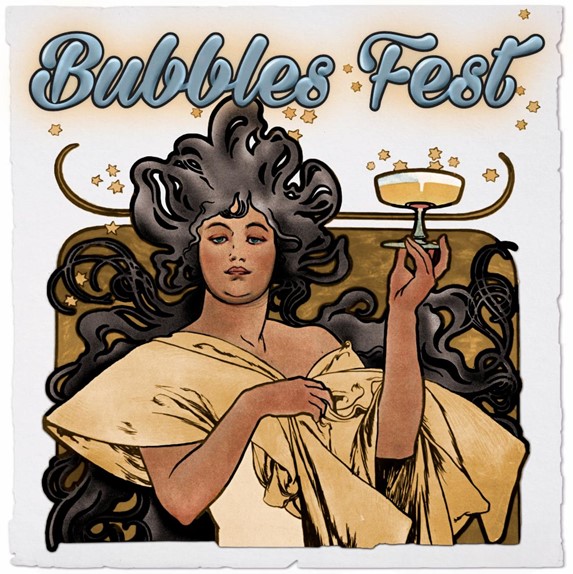 Bubbles Fest logo, a drawing of a woman holding a champagne glass