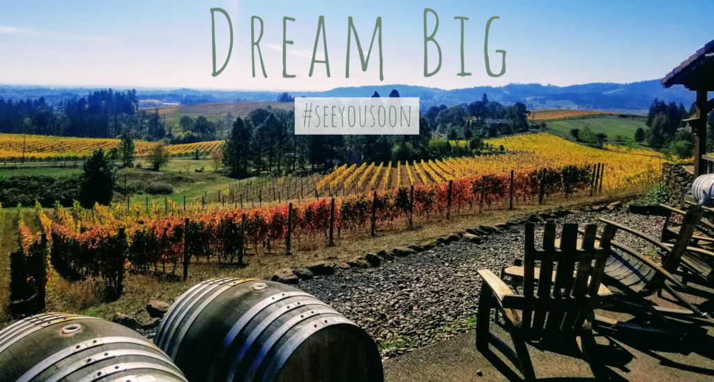 the words "dream big" atop a vineyard view