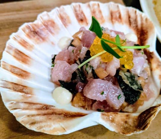 poke bowl served in a scallop shell
