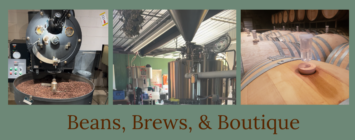Three images, first is of a coffee roaster with beans roasting, second is beer kegs, and third is wine barrels