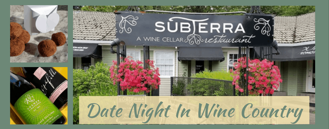 wine bottles, chocolate truffles and signage for Subterra restaurant