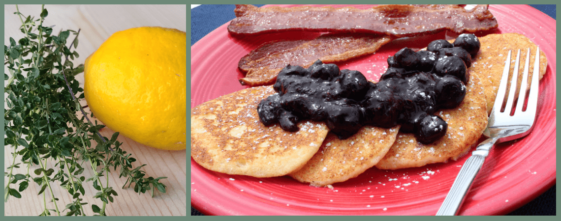 lemon and lemon thyme and lemon ricotta pancakes with blueberries, bacon and a fork