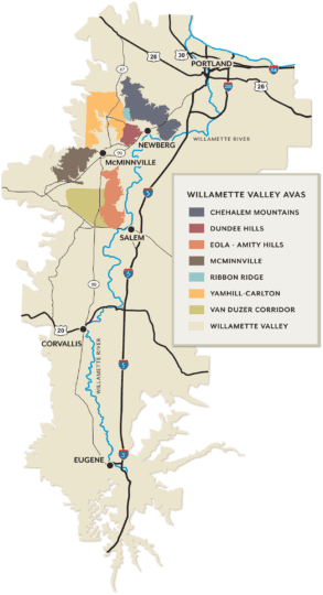 Willamette Valley Wineries AVA map