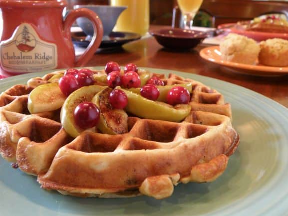Hazelnut waffle topped with apples and cranberries, and a mug on a table
