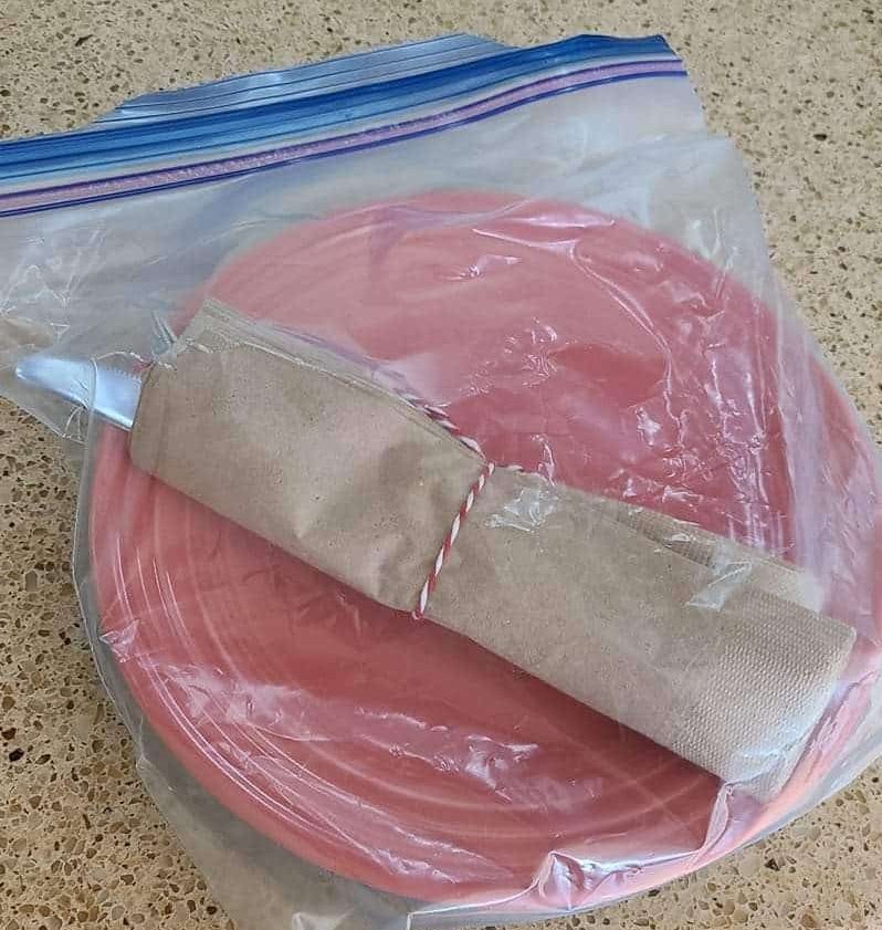 2 plates, silverware and napkins in a large zip-top bag
