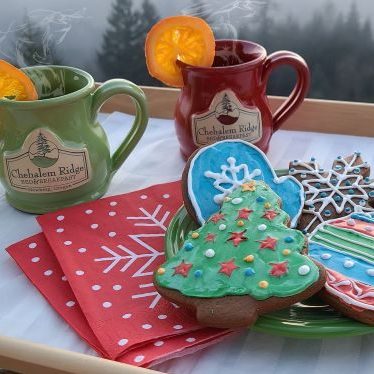 a tray with two mugs, a plate of 4 decorated gingerbread cookies and napkins