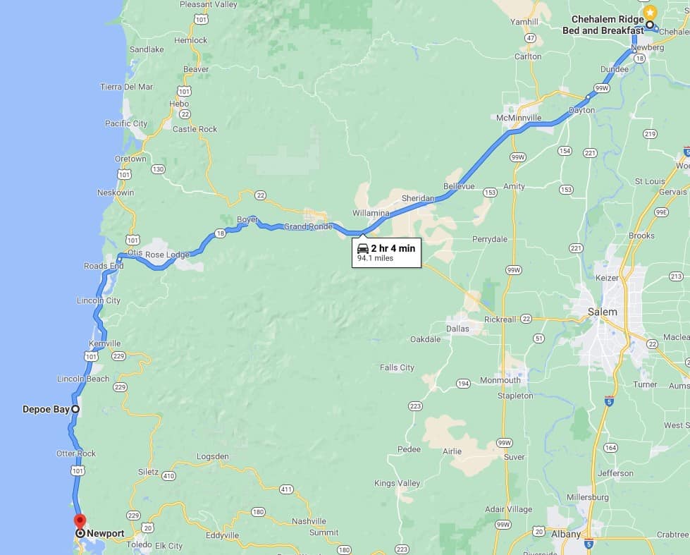 google map showing route from Newberg to Depoe Bay and Newport Oregon