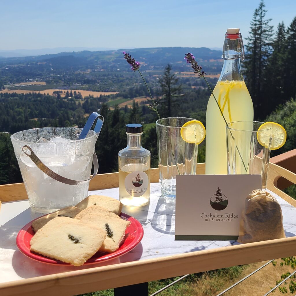 A tray with a plate of lavender shortbread, a sachet of lavender, a bottle of lemonade, a small bottle of lavender simple syrup, two glasses and a bucket of ice with the willamette valley in the background