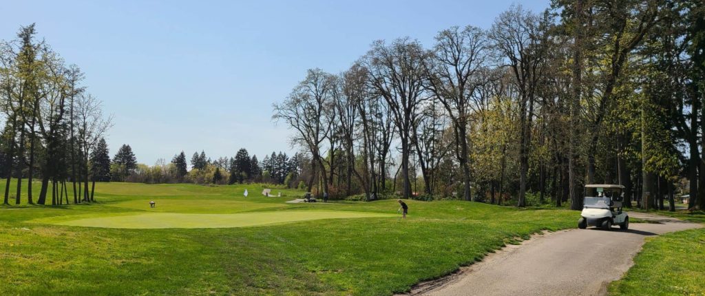 rolling hills of a Willamette Valley golf course hole, with the path and a cart in the foreground