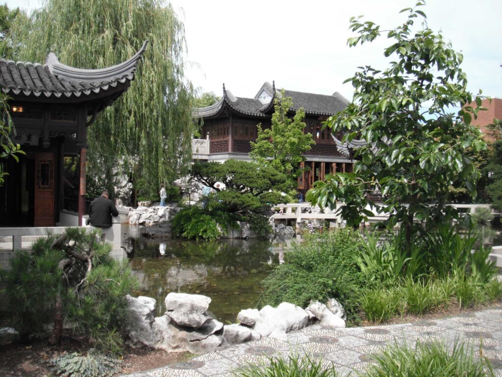 in the foreground, a small man-made lake with a Chinese pagoda in the background, trees, shrubs and grasses