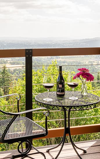 Outdoor balcony with bottle of red wine and two glasses