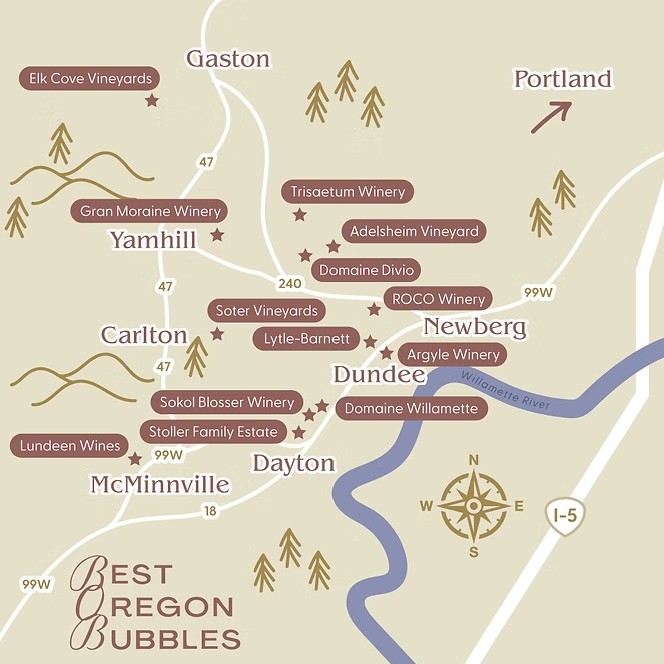 map of wineries participating in Best of Oregon Bubbles in February 2025