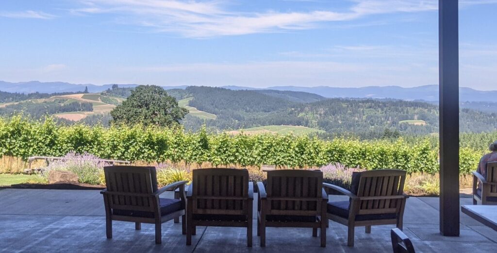 four chairs on the deck of the Eminent Domaine tasting room with a view of the vineyard and hills in the background