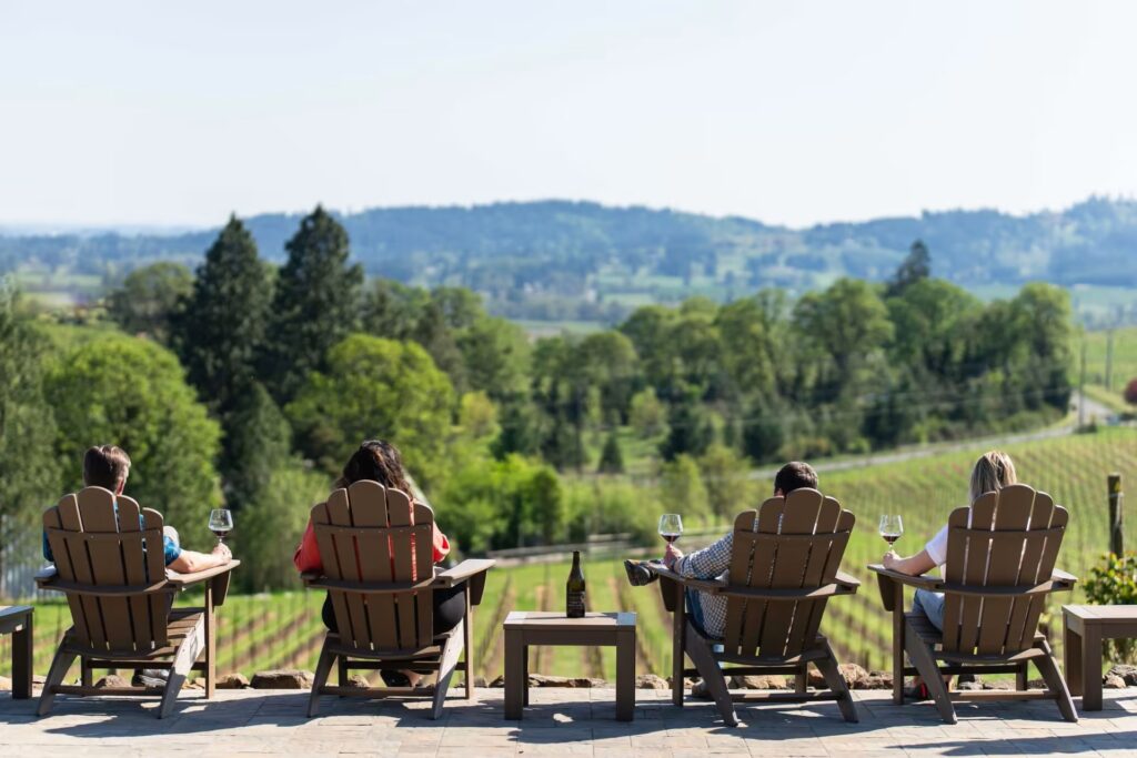 the back of four Adirondak chairs, with people sitting in them with glasses of wine overlooking Compris Vineyard and the view of the Willamette Valley in the background