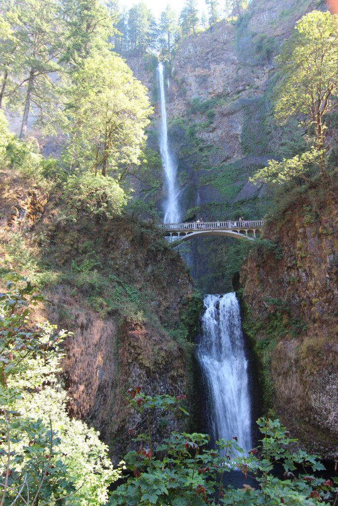 Multnomah Falls, A tall double waterfall set among green trees. There is a bridge above the lower falls with people standing on the bridge