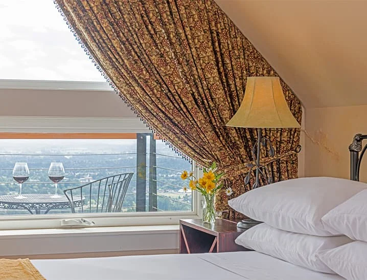 Bed in Wine Country Room with view outside
